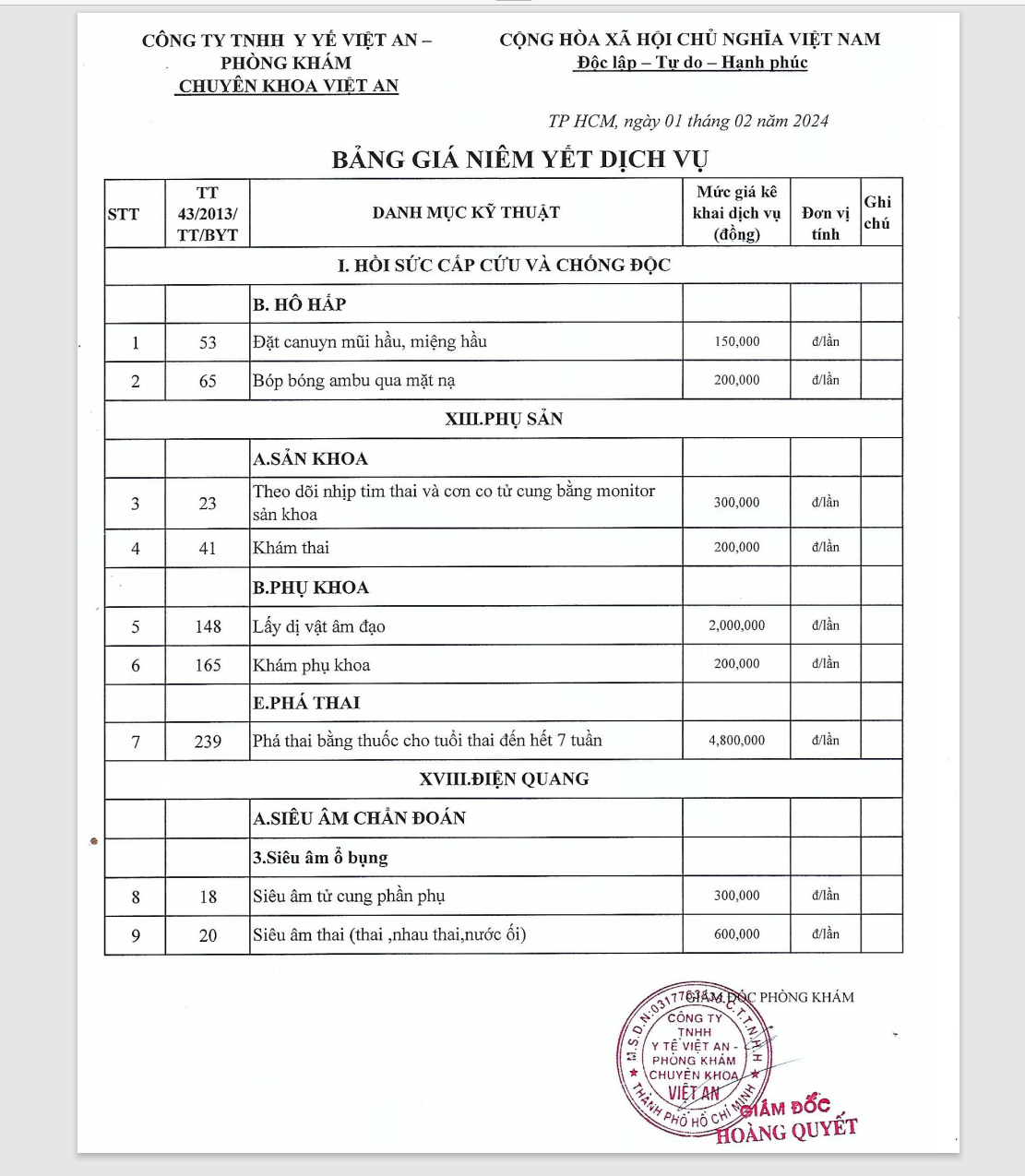 bang gia phong kham viet an